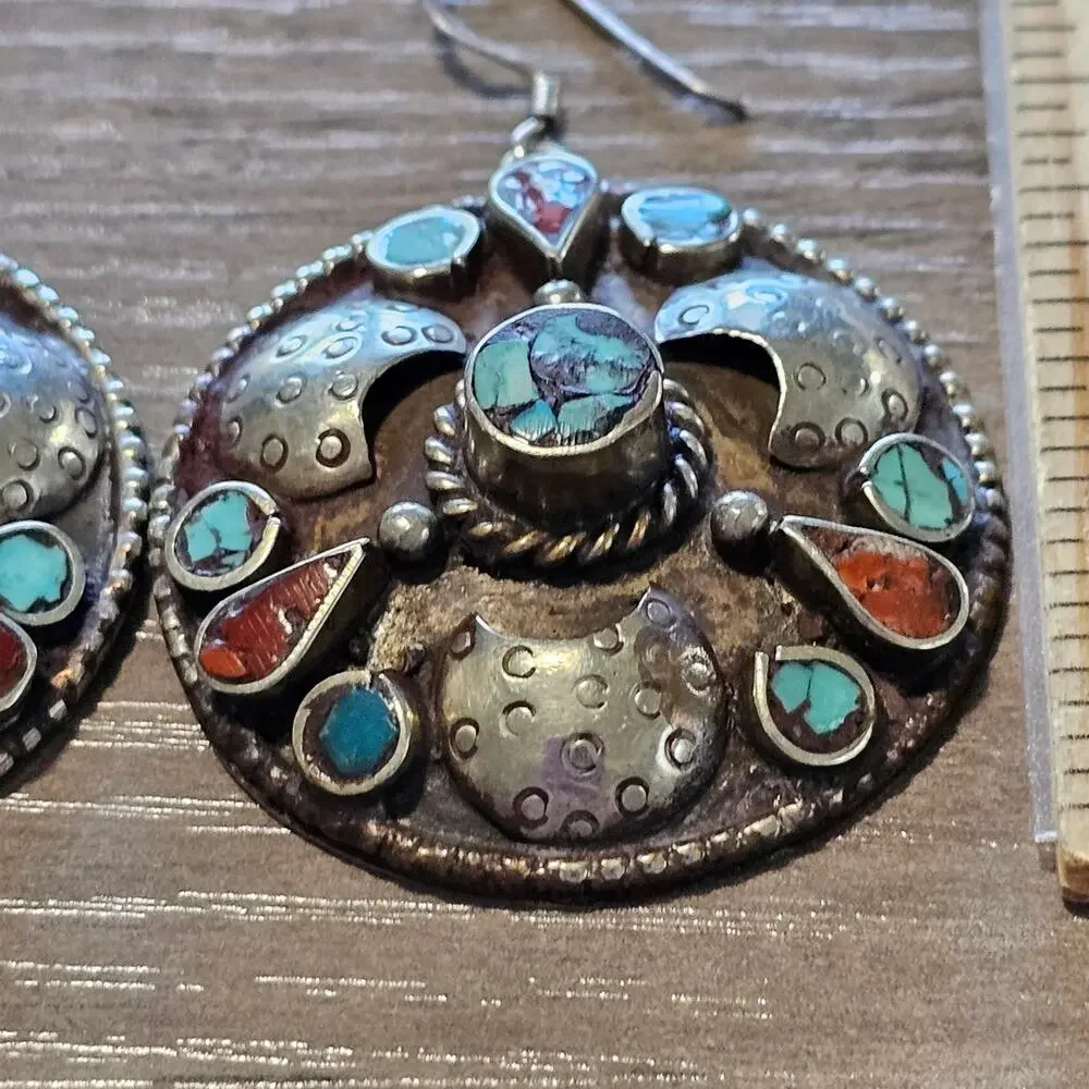 Vintage Tibetan Silver Round Dangle Earrings with Coral & Turquoise